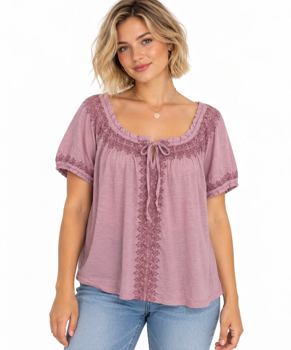 Style & Co Embroidered Top Womens Medium Lilac Knit Peasant Boho Pink-Lavender